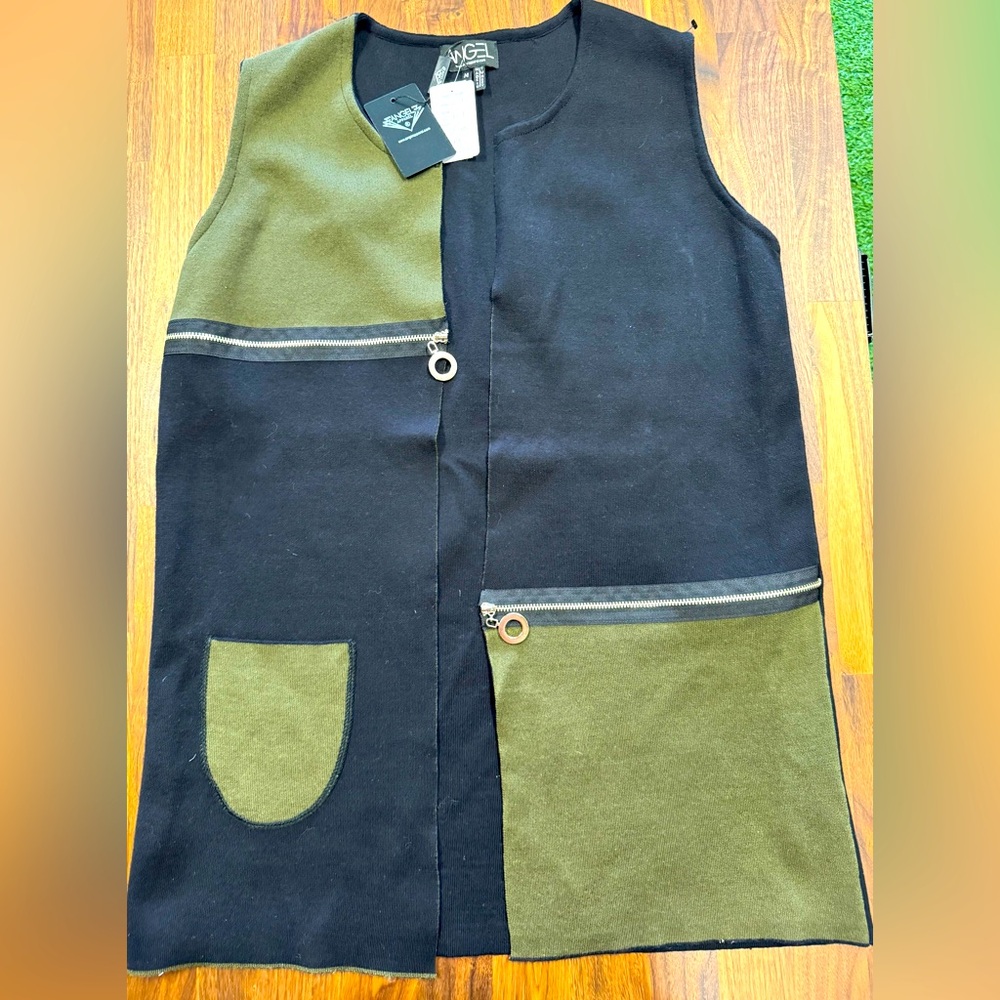Angel Women's Black Green Sleeveless Open Front Vest Size Medium